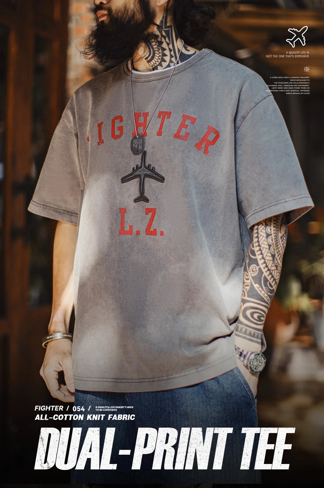 Men's Vintage Fighter Plane Print T-Shirt | Heavyweight Cotton Tee