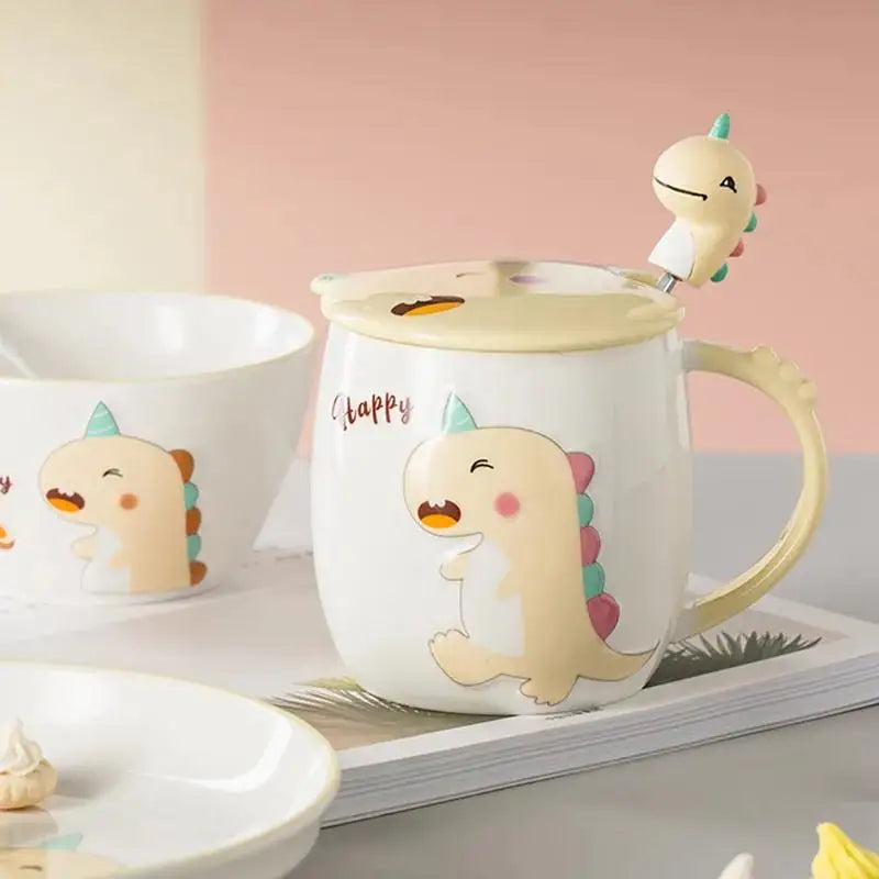 Dinosaur Cartoon Ceramic Mug with Lid & Spoon | Fun Breakfast Cups