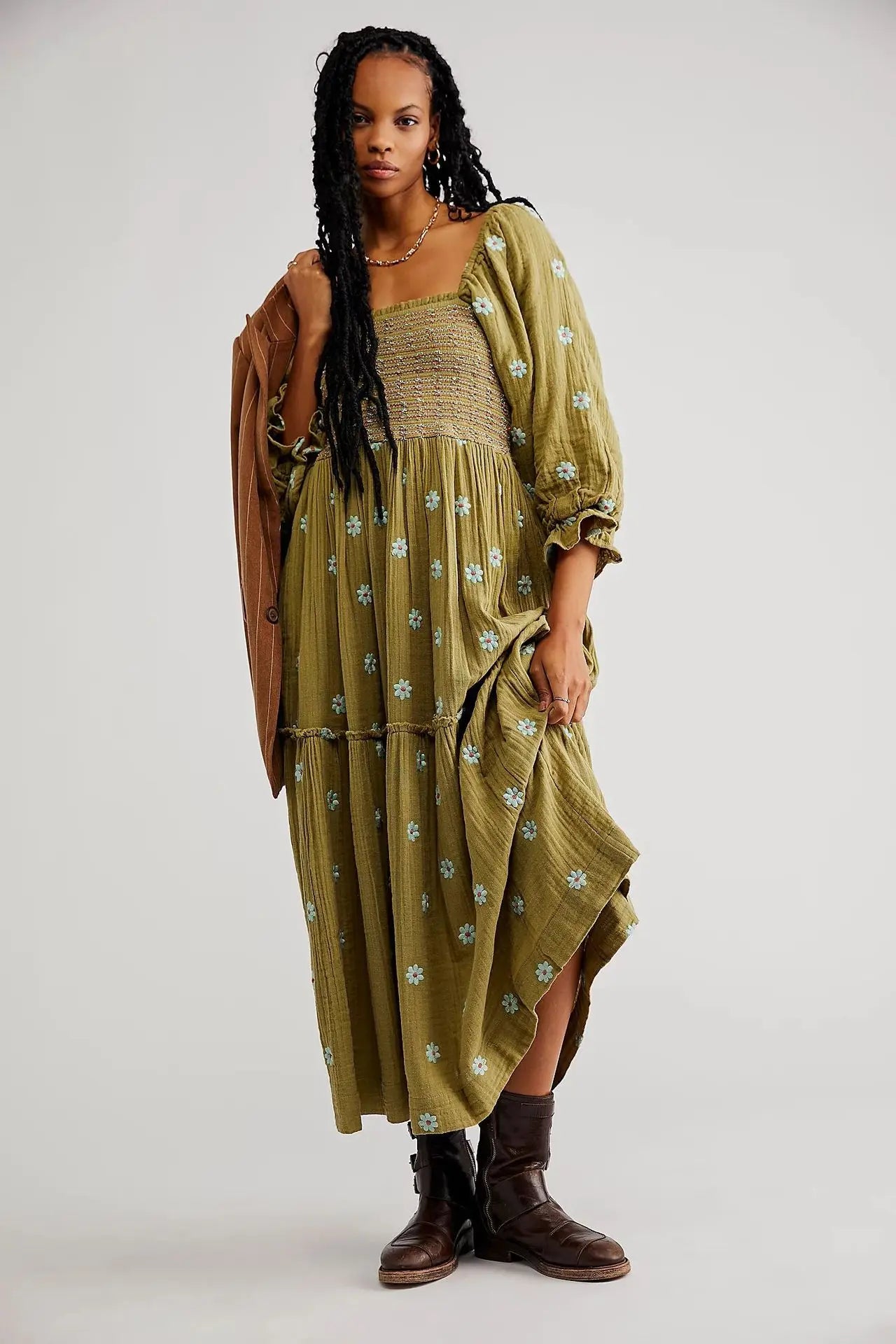 Boho Floral Embroidery Maxi Dress for Women | Casual Fashion