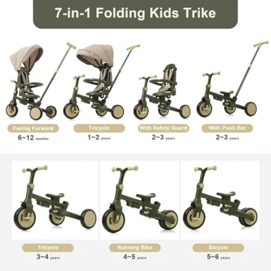 7-in-1 Foldable Toddler Tricycle | Adjustable Handle, Removable Pedals
