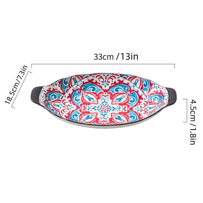 13-Inch Bohemian Double-Handle Ceramic Deep Plate for Seafood