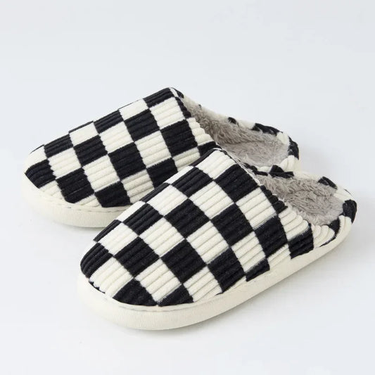 Pantuflas de algodón afelpadas a cuadros para parejas | Zapatillas de casa acogedoras para el invierno