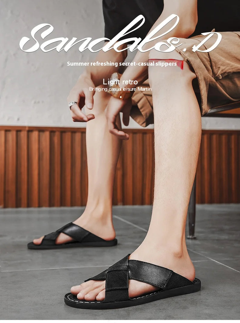 Plus Size Men Leather Slippers Homes In Indoor Slippers Summer Open Toe Sandals Comfy Antiskid Soft Bottom Casual Walking Shoes