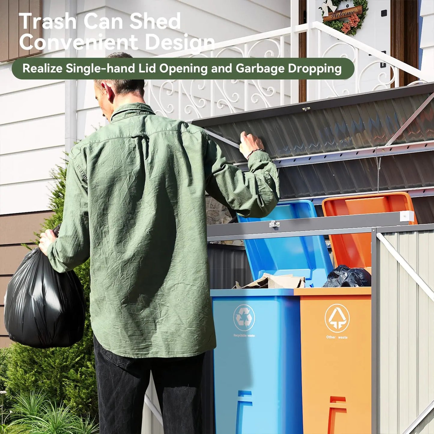 80 cu.ft Metal Outdoor Storage Shed - Waterproof Garbage Can Organizer