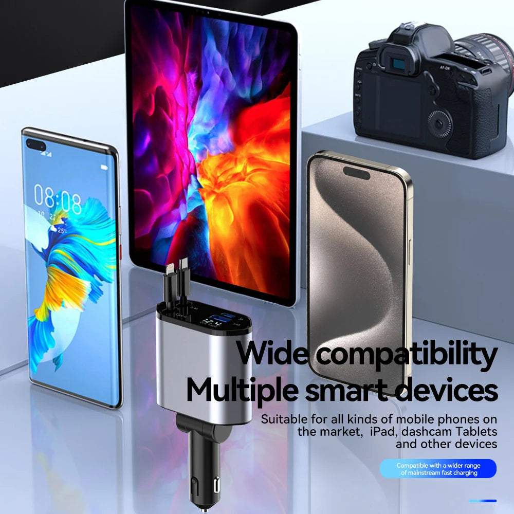 120W 4-in-1 Car Charger | Fast Retractable Charging Adapter