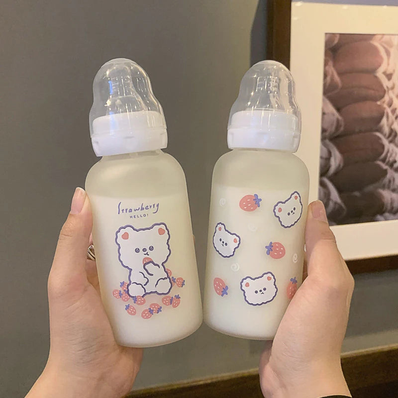 Kawaii Strawberry Bear Glass Water Bottle | Cute & Eco-Friendly