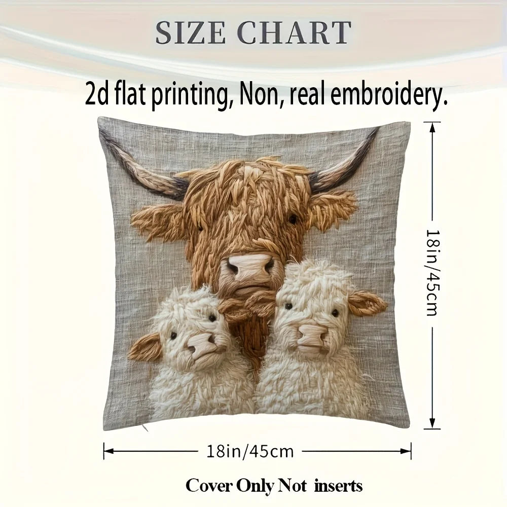 Retro Highland Cow Pillowcase | Decorative Home Design Cover