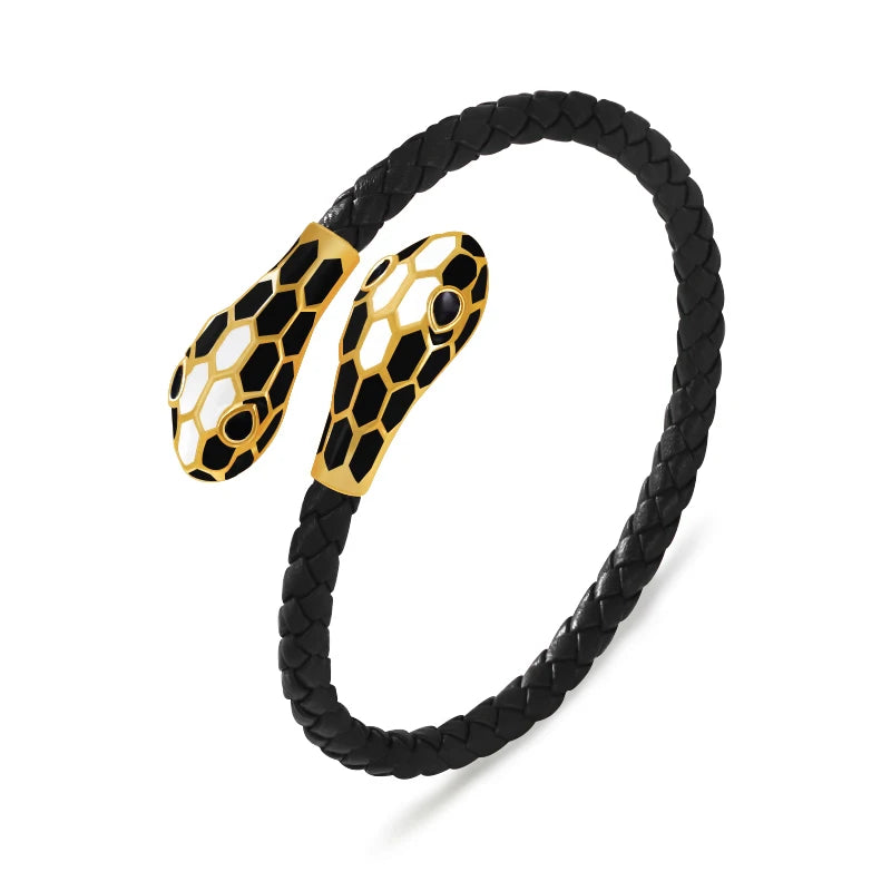 MOONLIGHT Classic Style Double Snake Head Cuff Bangles for Women Genuine Braided Leather Bracelets Female Fashion Jewelry Gifts