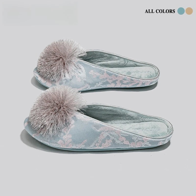 Ladies Indoor Cotton Slippers with Pom Poms | Stylish Comfort