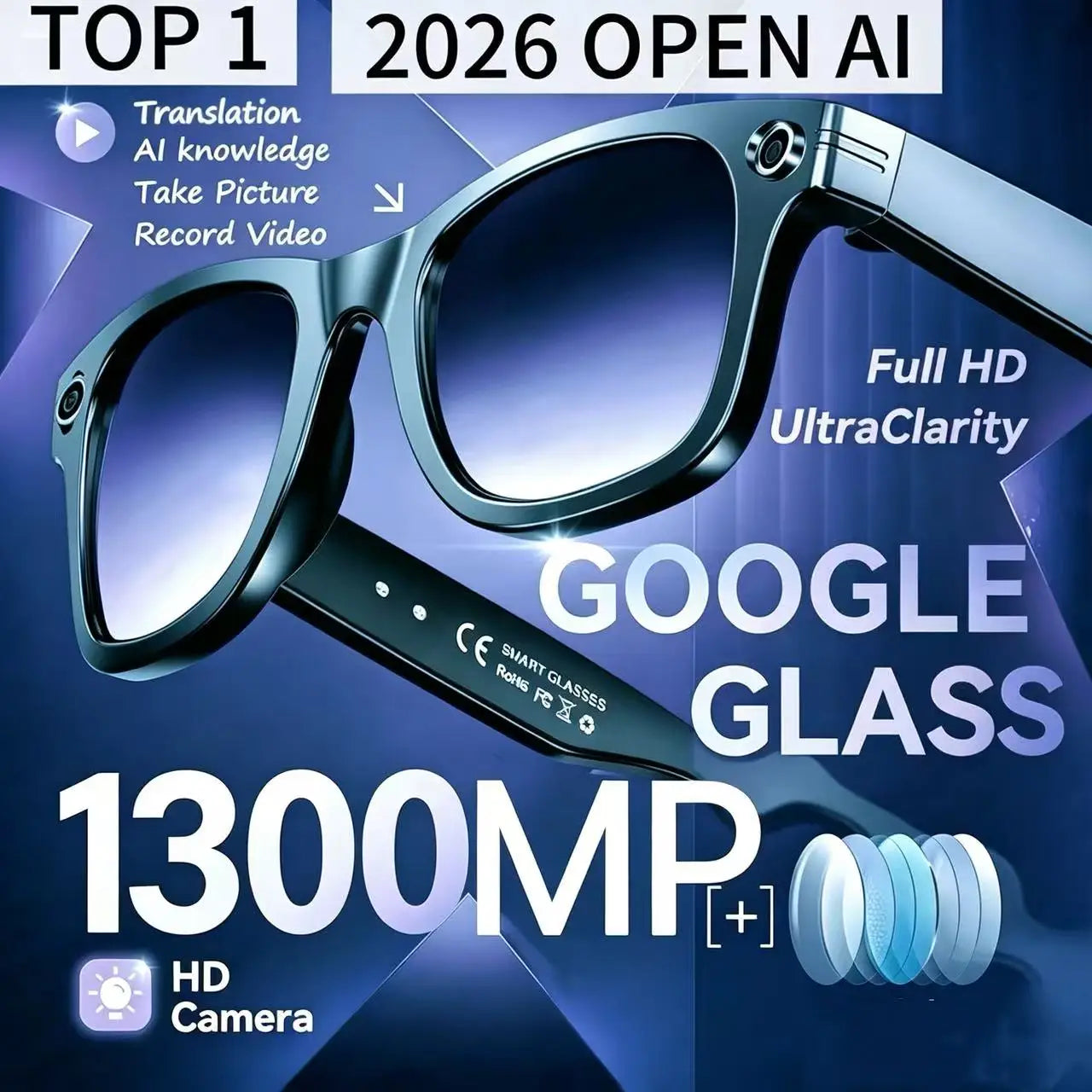 AI Smart Glasses with 13MP Camera & Language Translation