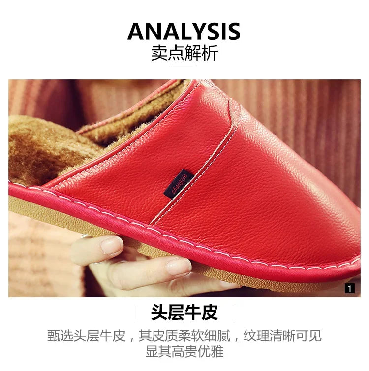 Couples Leather Plush Winter Slippers | Cozy Waterproof Shoes