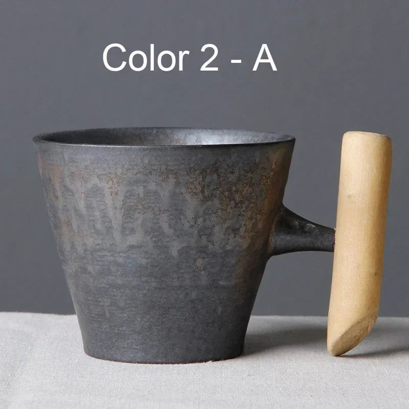 Vintage Ceramic Tea Cup Set with Wooden Handle | Elegant Drinkware