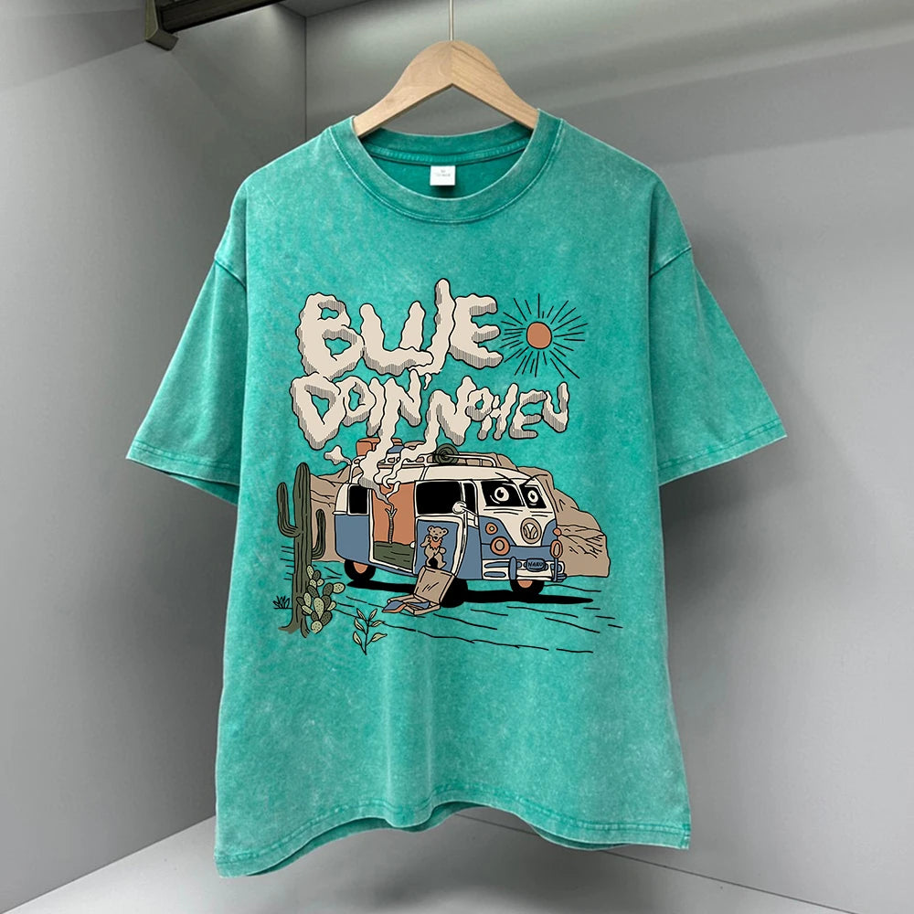 Oversized Cotton Camping T-Shirt for Men | Retro Cartoon Hip Hop Style