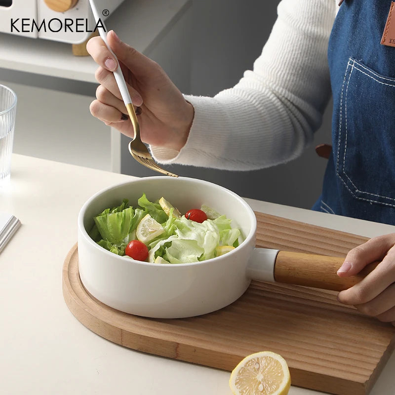 Ceramic Salad Bowl with Wooden Handle | Versatile Tableware