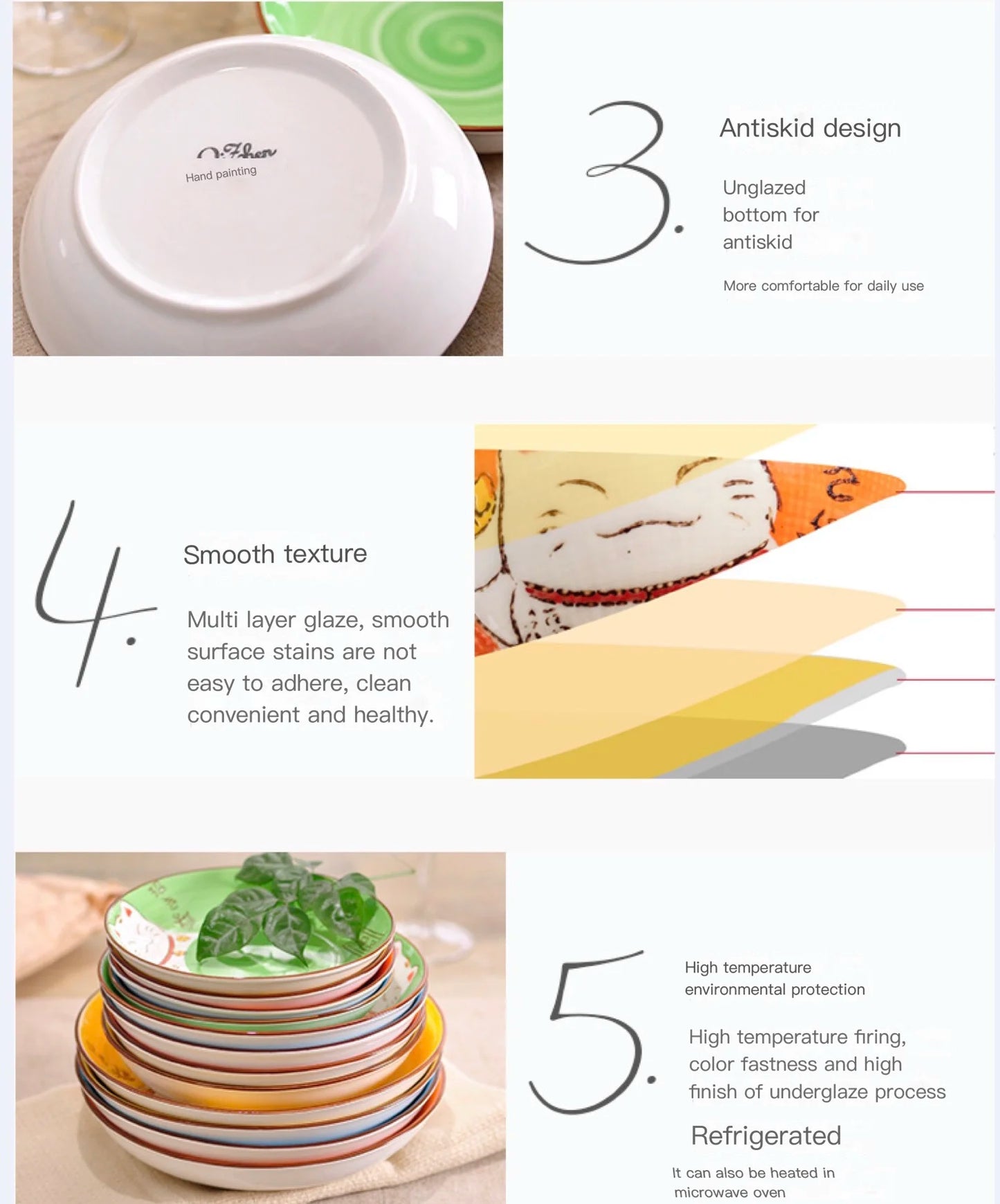 Multi-Color Cartoon Lucky Cat Round Ceramic Plate | Joyful Dining