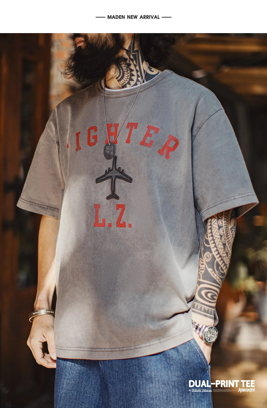 Men's Vintage Fighter Plane Print T-Shirt | Heavyweight Cotton Tee