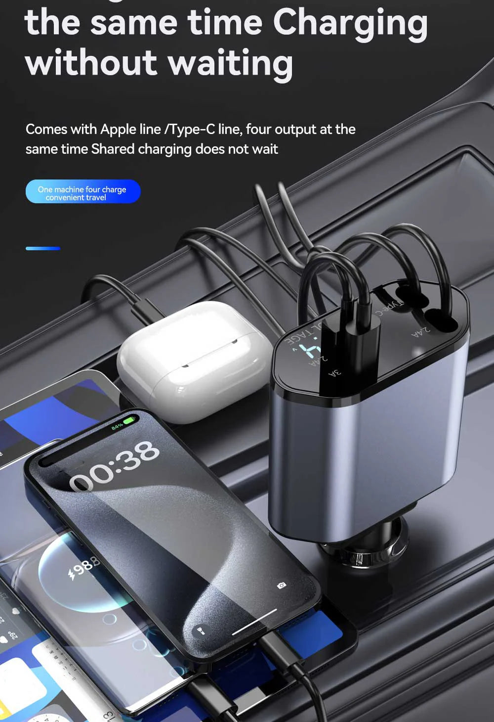 120W 4-in-1 Car Charger | Fast Retractable Charging Adapter
