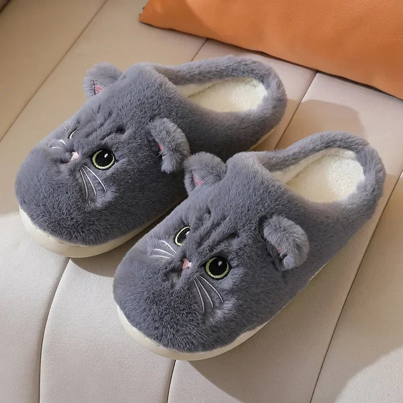 Cute Cat Fluffy Platform Slippers | Furry Plush Indoor Shoes