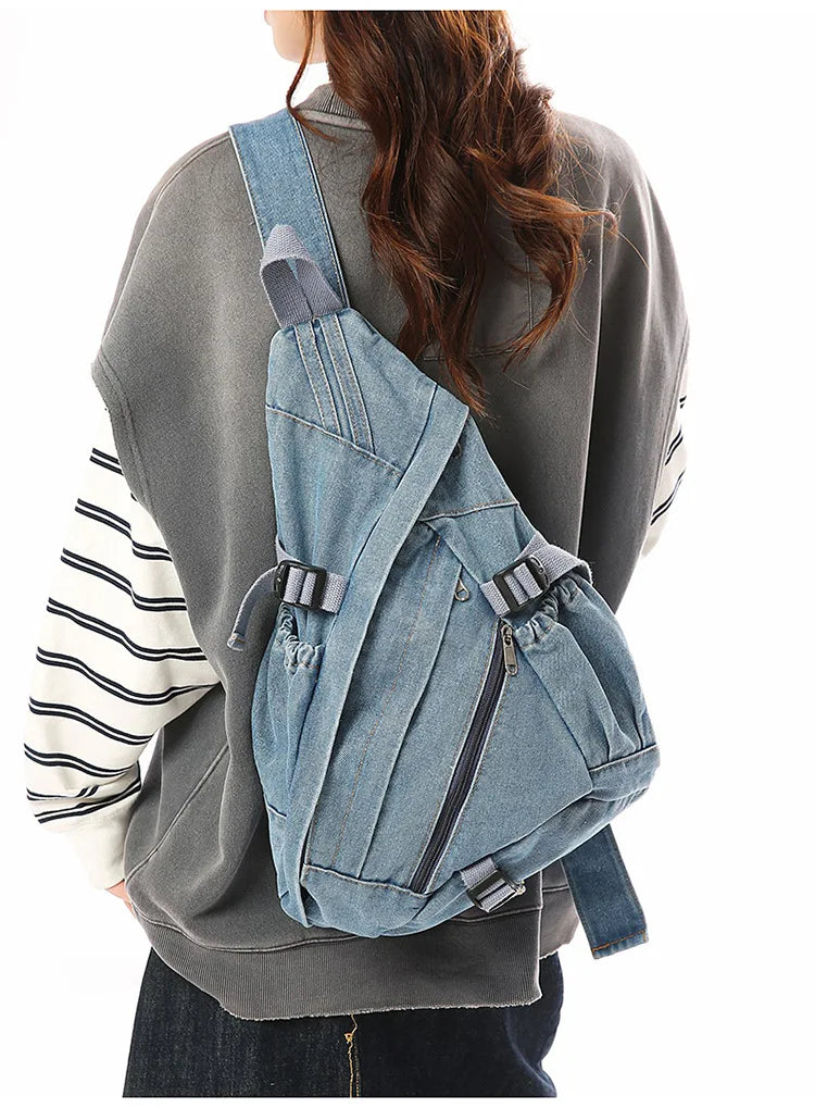 Vintage Washed Denim Sling Bag Man Woman Multifunction Retro Large Capacity Portable Motorcycle Chest Bag