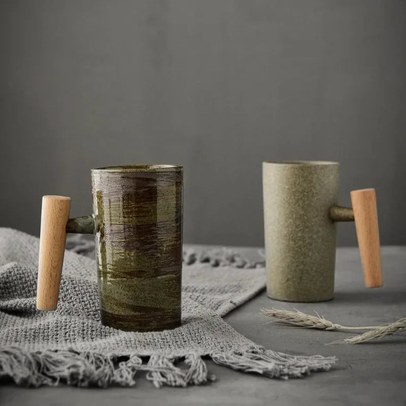 Handmade Stoneware Coffee Cup with Wooden Handle | Vintage Style Mug