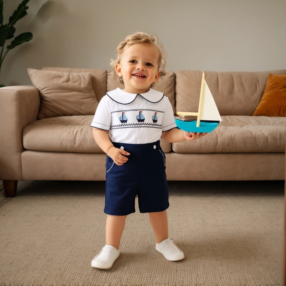 Stylish Boys Boat Smocked T-shirt Set | Trendy Infant Summer Outfit