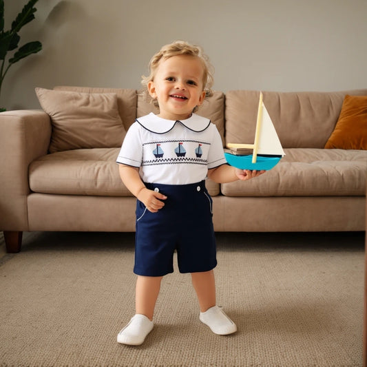 Stylish Boys Boat Smocked T-shirt Set | Trendy Infant Summer Outfit