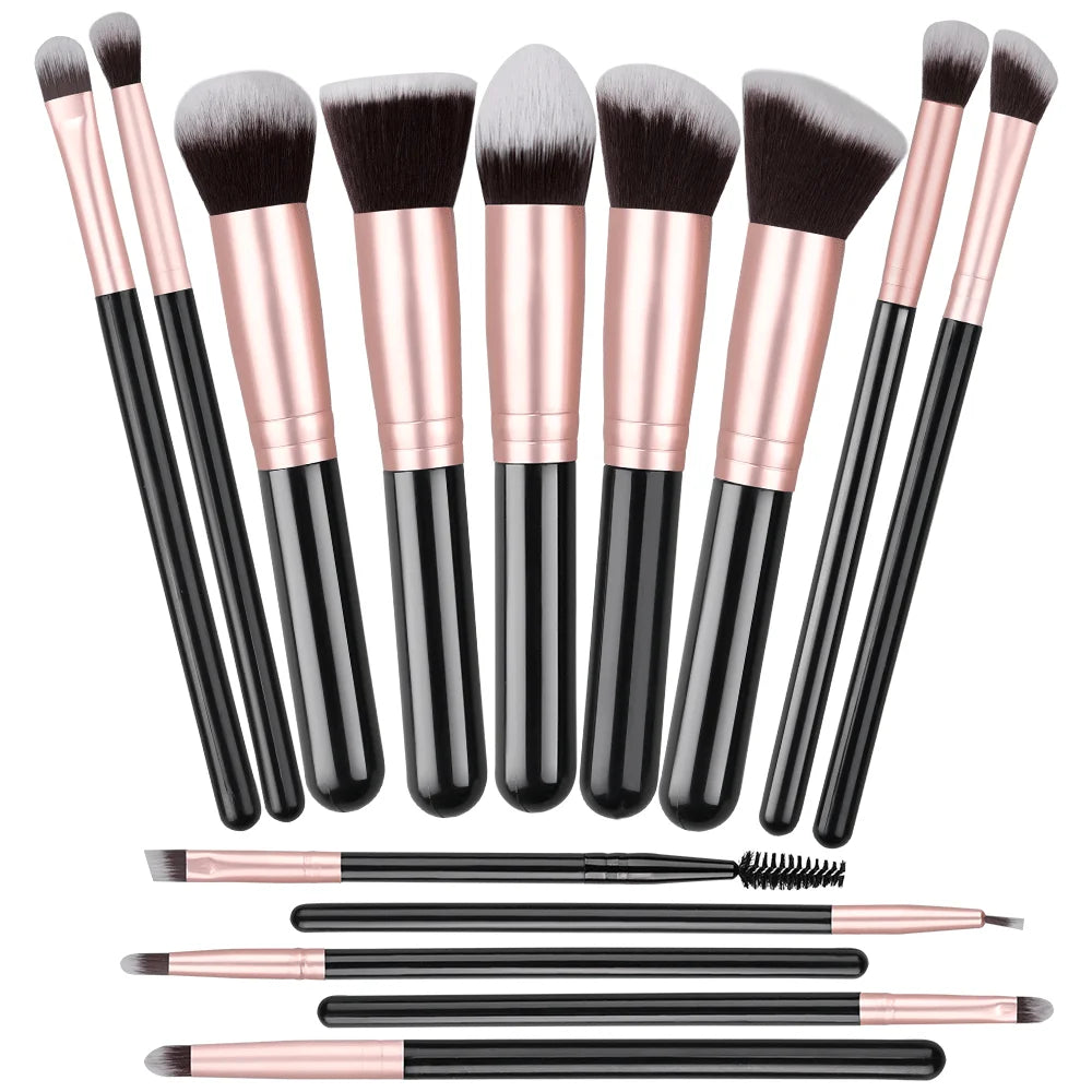 14-16 Piece Professional Makeup Brush Set – Soft Fluffy Goat & Synthetic Hair Brushes for Foundation, Eyeshadow, Blush, Concealer & Powder – Red/Black/Pink/Silver Handles