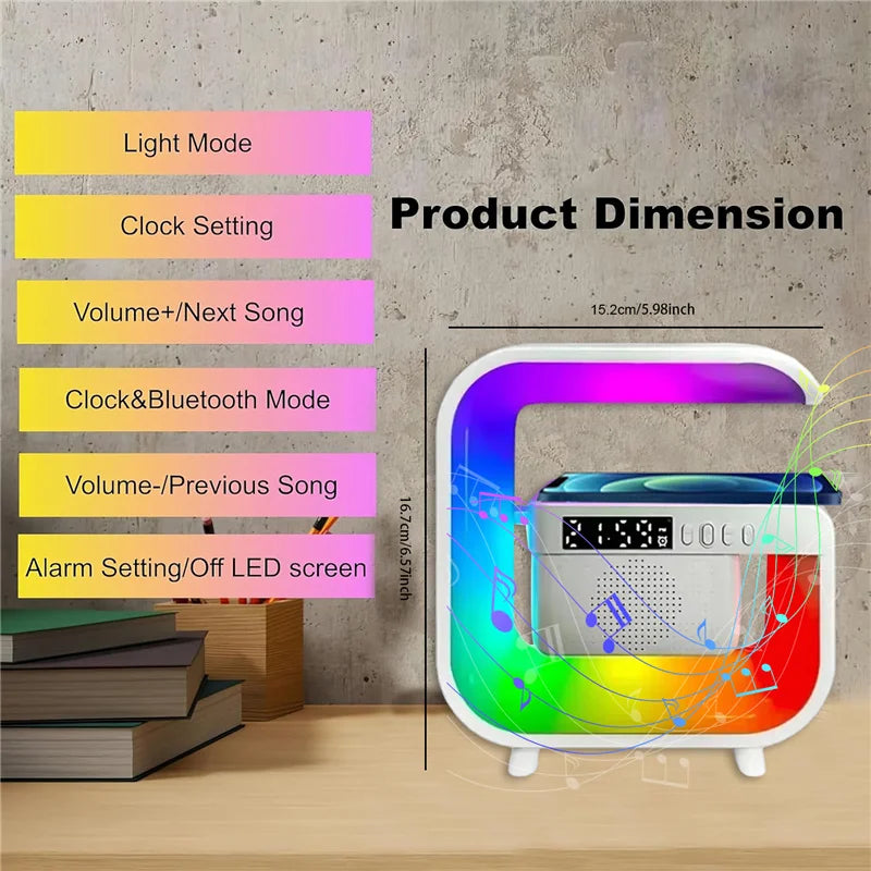 Estación de carga inalámbrica RGB con altavoz Bluetooth y despertador