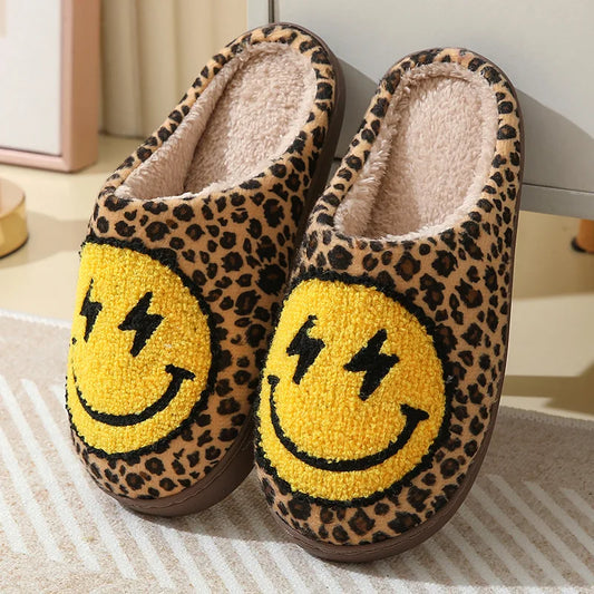 Women's Leopard Print Plush Slippers | Cute Smile Face House Shoes