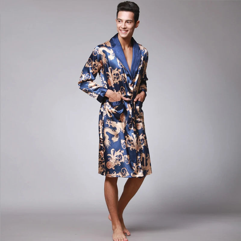 Traditional Japanese KIMONO Fashion YUKATA Oriental Gold Dragons Pattern Bathrobe Summer Men Ice Silk Robes Pajamas  Sleepwear