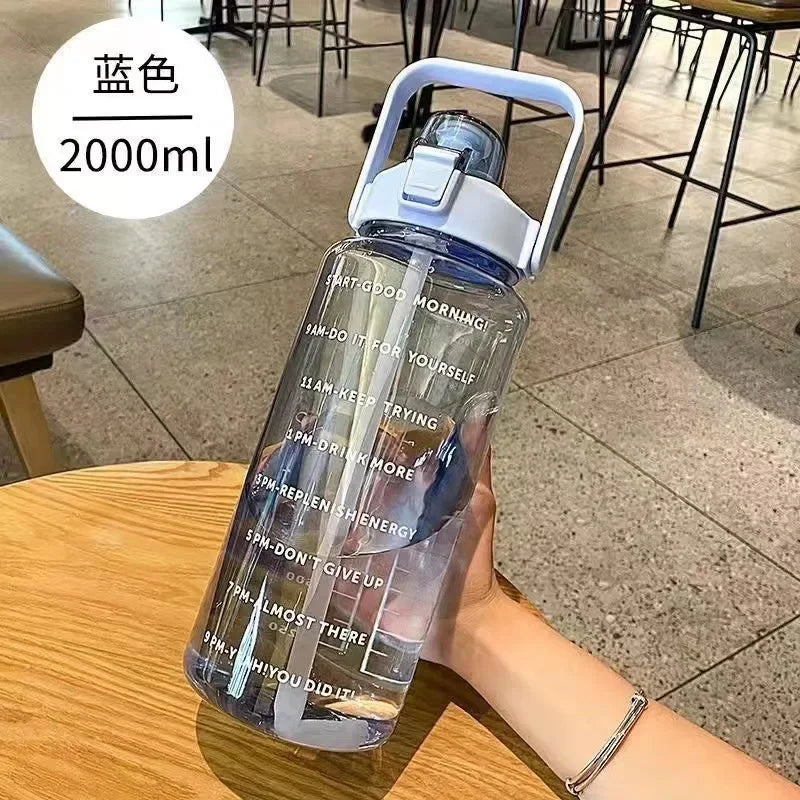 2L Large Capacity Sports Water Bottle with Straw & Time Marker