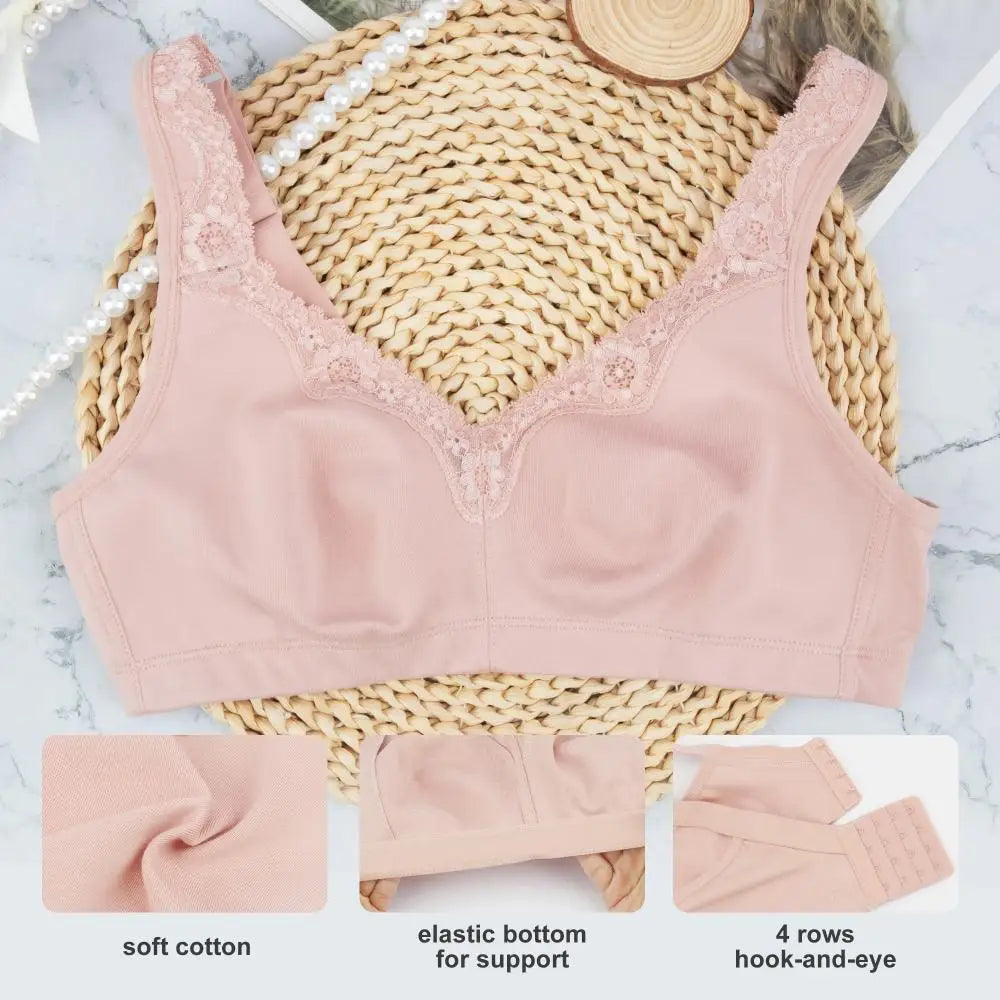 Women's Plus Size Floral Lace Wire-Free Cotton Bra for Comfort
