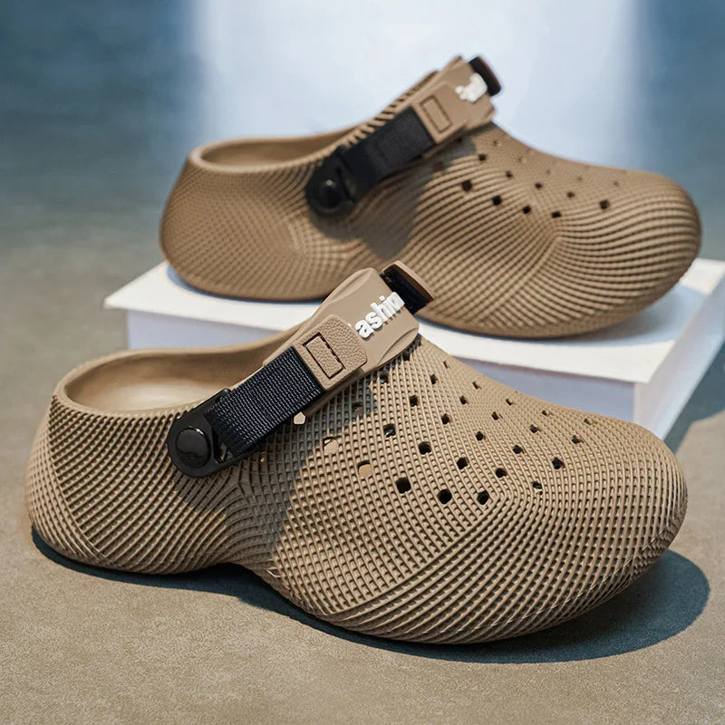 Summer new 3D grid pattern hollow breathable toe hole shoes for couples with thick soles and a poop like beach feel