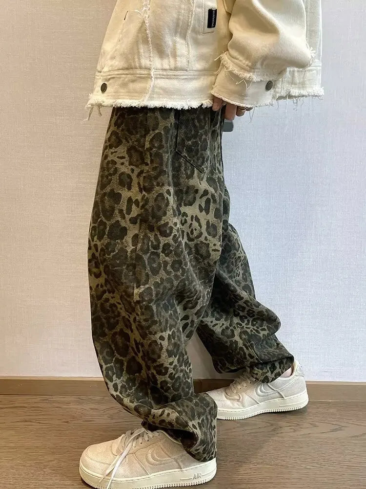 Men's Oversized Leopard Print Denim Jeans | Trendy Streetwear Style
