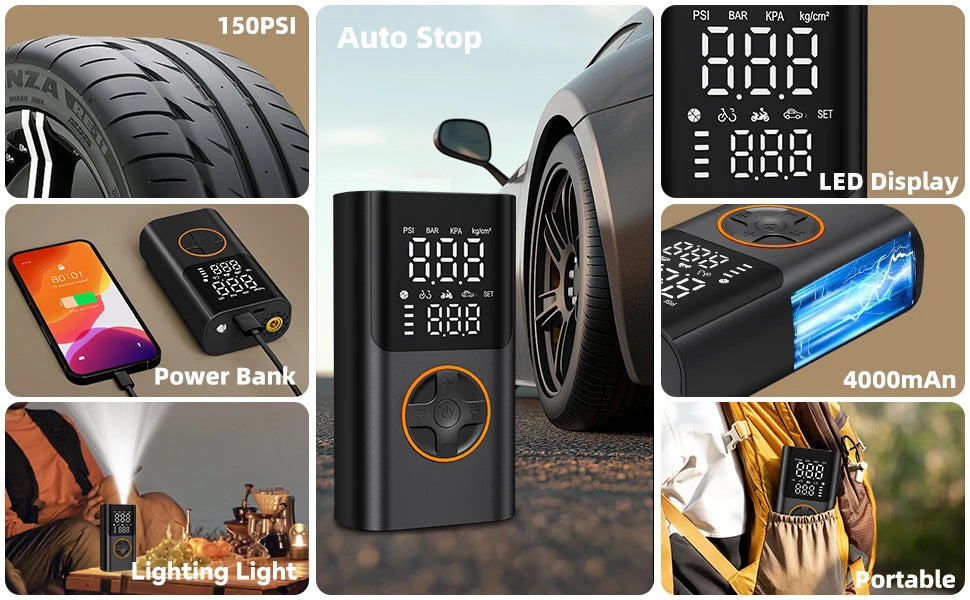 Portable Air Pump Set with Power Bank for Car & Bike | 150PSI