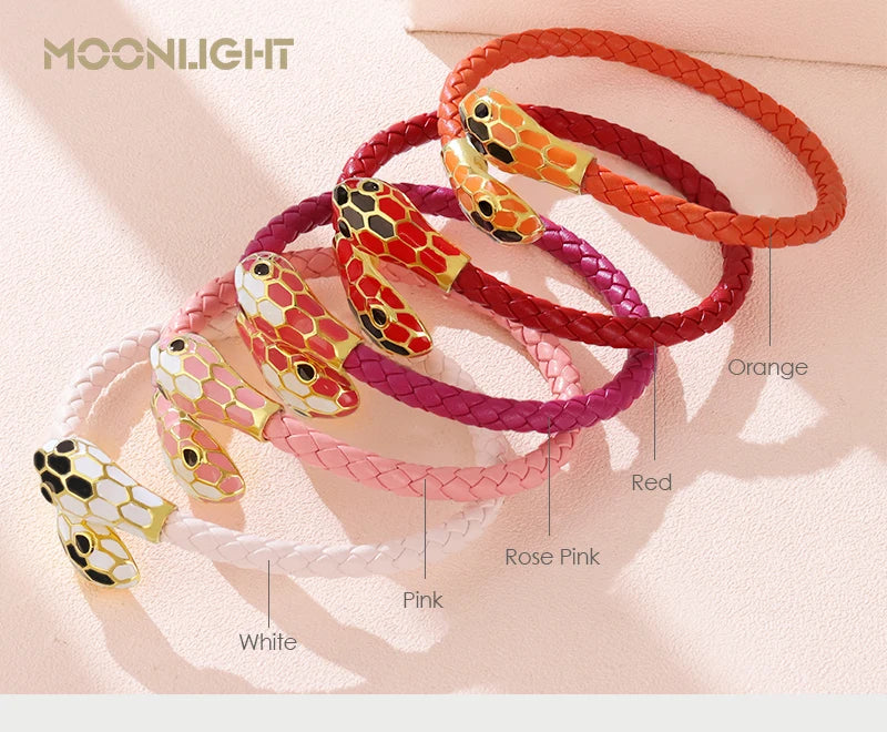 MOONLIGHT Classic Style Double Snake Head Cuff Bangles for Women Genuine Braided Leather Bracelets Female Fashion Jewelry Gifts