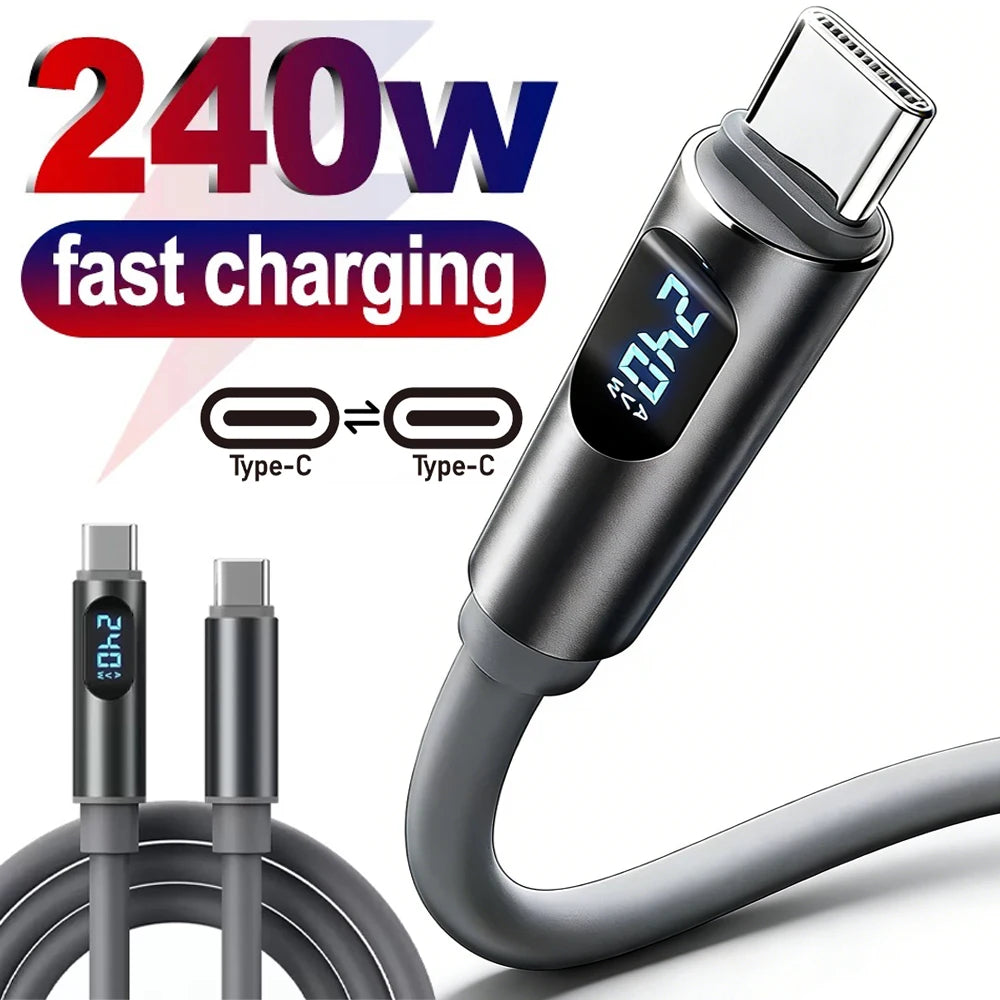USB C To Type-C Charger Cable 240W High-speed Quick Charging LED Digital Display Data Line for IPhone 17 Samsung Xiaomi Huawei