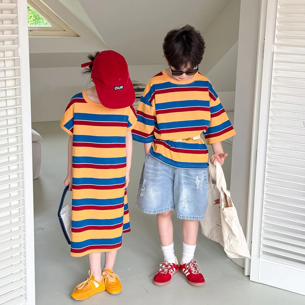 Children's Wide Striped Short-Sleeve T-Shirt for Summer Fun