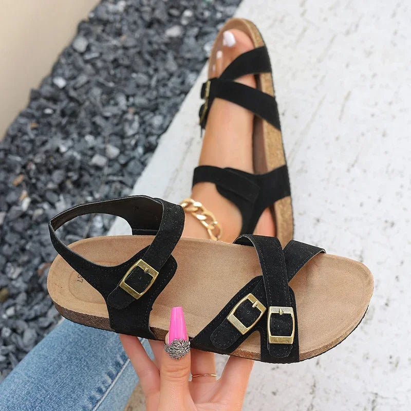 Retro Buckle Strap Cork Sandals Women 2025 Summer Cross Strap Flat Sandals Woman Brand Design Comfortable Non Slip Beach Shoes
