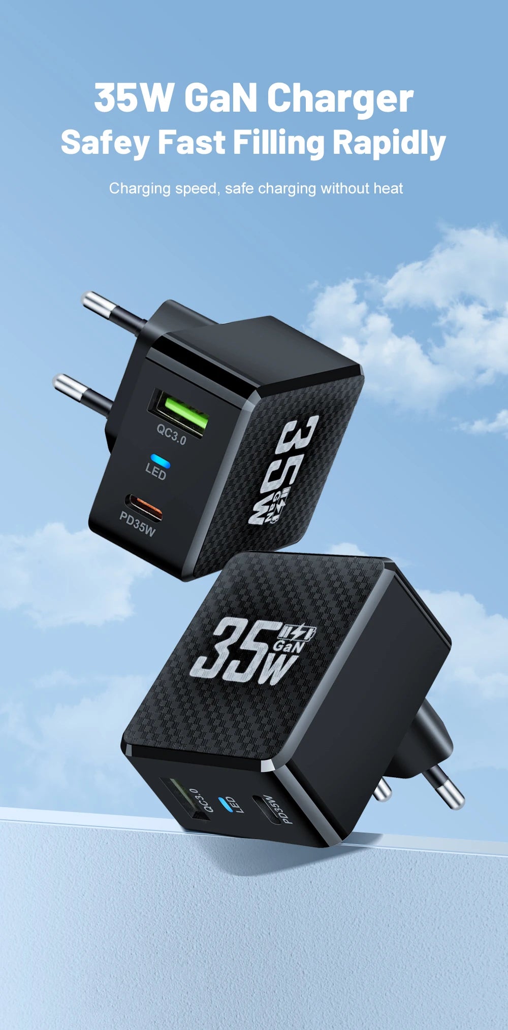 35W GaN Dual Port Fast Charger | USB-C & USB-A Wall Adapter