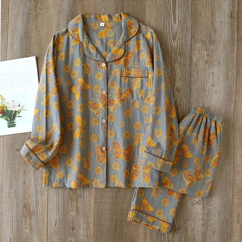 2026 Japanese Spring and Autumn New Women's Pajama Set 100% Cotton Vintage Long sleeved Pants Two Piece Set for Home Furnishings