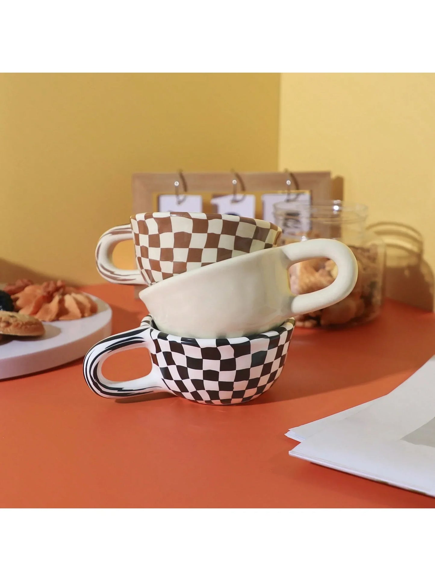 1pc Creative ceramic checkered pattern tea cup, irregular chessboard coffee cup