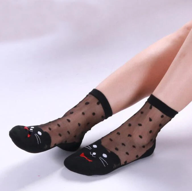 3 Pairs Women's Cat Lace Silk Socks | Thin Cartoon Design Socks