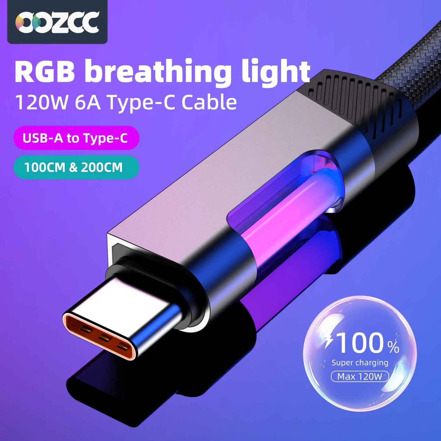 RGB Fast Charging Cable | 120W 6A USB Type C with Ambient Light