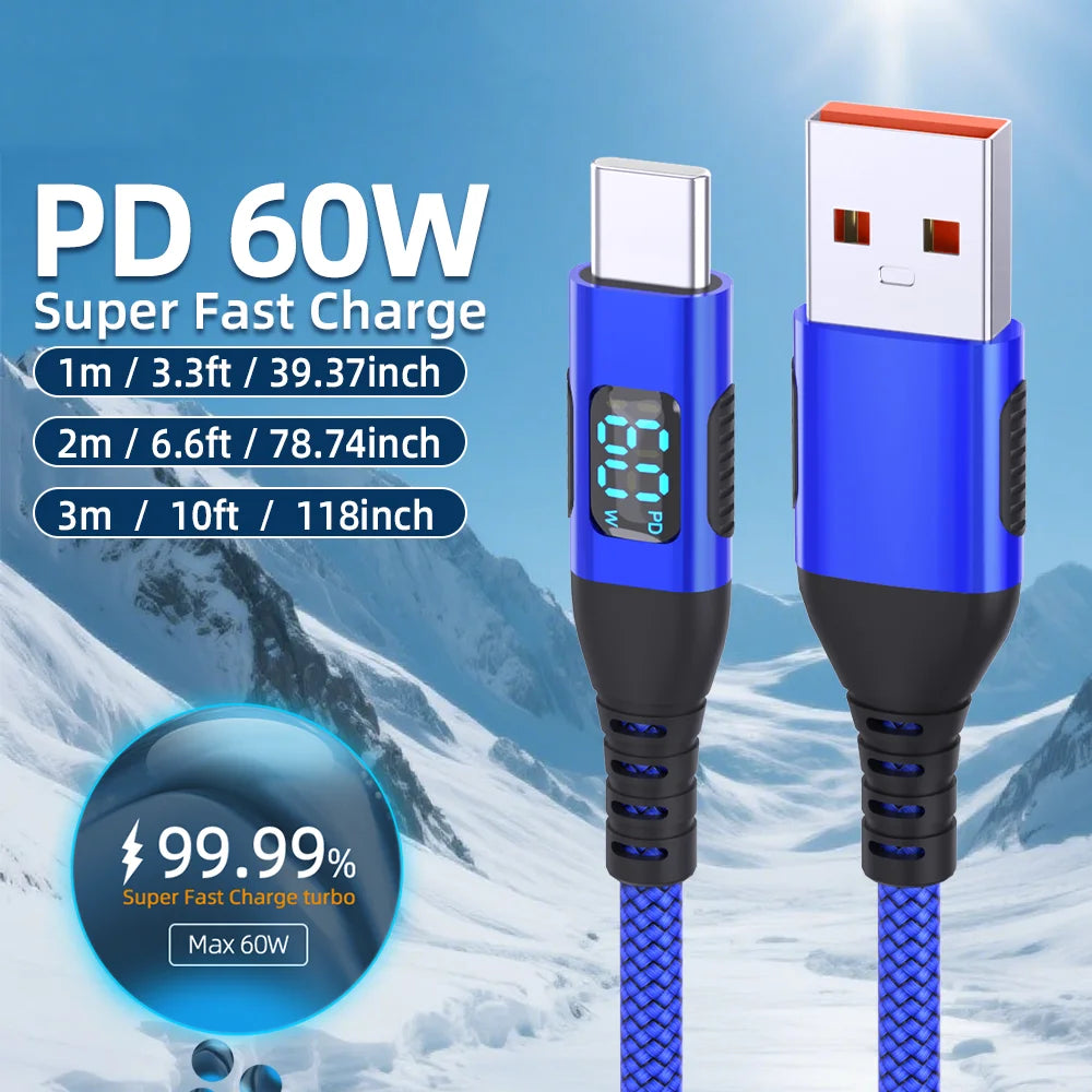Ultra Fast Charging USB Type C Cable 60W with LED Display