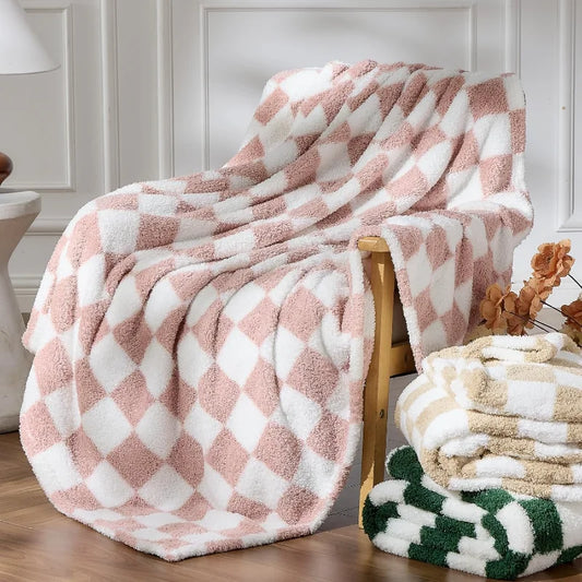 Knitted Pink & White Checkered Throw Blanket — Super Soft Fuzzy Lightweight Microfiber Plush Blanket for Couch, Bed, or Sofa 50"x60"
