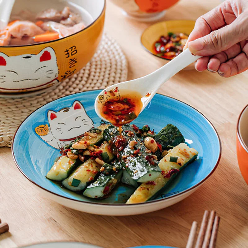 Multi-Color Cartoon Lucky Cat Round Ceramic Plate | Joyful Dining