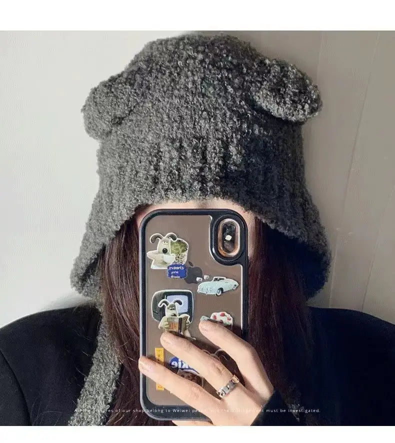 Women's Cute Bear Ear Plush Beanie | Cozy Winter Bomber Hat