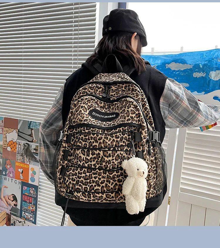 Vintage Leopard Print Backpack, Large Capacity School Bookbag with Side Mesh Pouch, for Students Travel Outdoor Streetwear