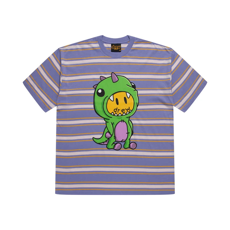 Men's Oversized Striped Dinosaur Smiley Print T-Shirt | Casual Cotton Tee